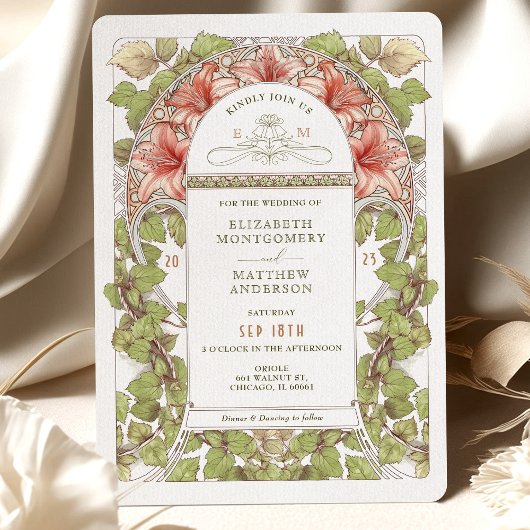 Bezaubernde Amaryllis Jugendstil-Hochzeit Einladung