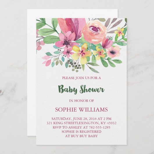 Bezaubernde Aquarell-Blume Kinderdusche Einladung (Vorne/Hinten)