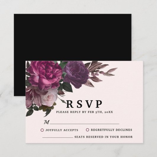 Bezaubernde Burgundy & Maroon Blues Black Wedding RSVP Karte (Vorne/Hinten)