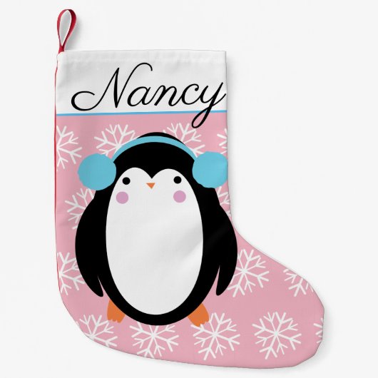 Bezaubernde Chubby-Pinguin mit Schneeflocken Kleiner Weihnachtsstrumpf (Vorderseite)