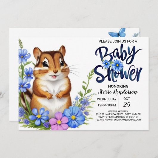 Bezaubernde Eichhörnchenwälder Blue Boy Baby Dusch Einladung (Vorne/Hinten)