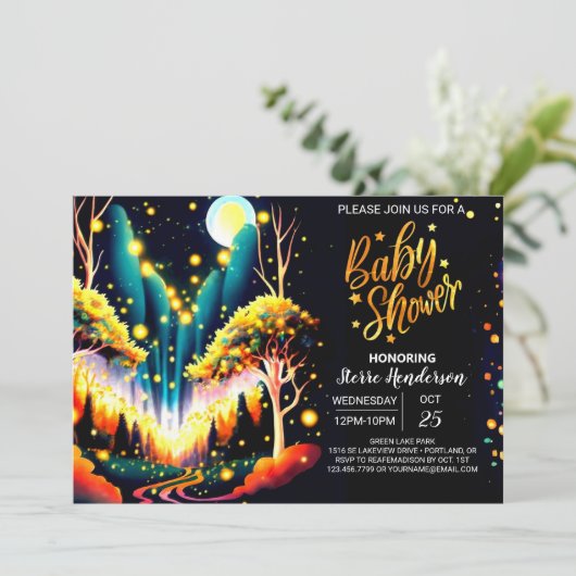 Bezaubernde Fireflies Dreamy Baby Dusche Einladung (Stehend Vorderseite)