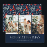 Bezaubernde Forest Blue Red Nordic Foto Collage Feiertagskarte<br><div class="desc">Blau und rot Foto Frohe Weihnachtskarte mit einer Foto-Collage auf dunkelblauem Hintergrund. Ein bezaubernder Wald mit Tieren,  Vögeln,  botanischen Volkskulpturen und nordischen Ornamenten im Hintergrund. Personalisieren Sie diese magische Weihnachtskarte des Fotos einfach mit Ihren Fotos und Texten.</div>