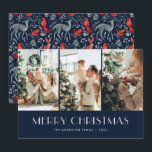 Bezaubernde Forest Blue Red Nordic Foto Collage Feiertagskarte<br><div class="desc">Blau und rot Foto Frohe Weihnachtskarte mit einer Foto-Collage auf dunkelblauem Hintergrund. Ein bezaubernder Wald mit Tieren,  Vögeln,  botanischen Volkskulpturen und nordischen Ornamenten im Hintergrund. Personalisieren Sie diese magische Weihnachtskarte des Fotos einfach mit Ihren Fotos und Texten.</div>