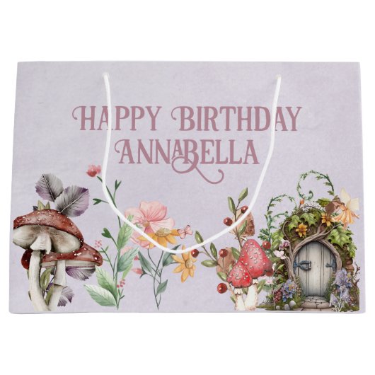 Bezaubernde Forest Fairy Garden Door auf Lila Große Geschenktüte (Vorderseite)