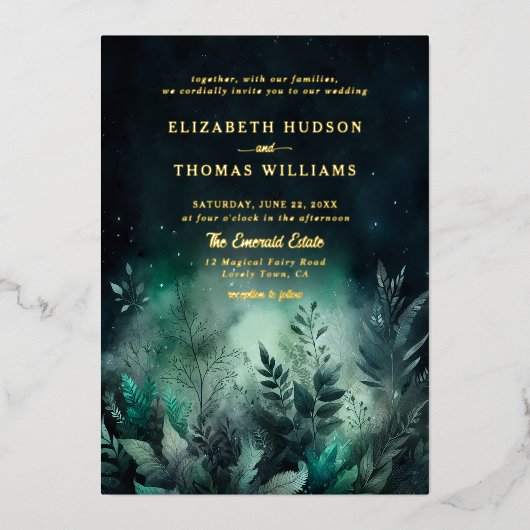 Bezaubernde Forest Greenery Lights Moderne Hochzei Folieneinladung (Vorderseite)