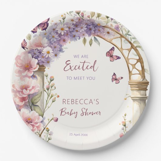 Bezaubernde Gartenpastellschmetterlinge Babydusche Pappteller (Vorderseite)