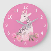 Bezaubernde Giraffe Pink Floral Baby Nursery Große Wanduhr (Vorderseite)