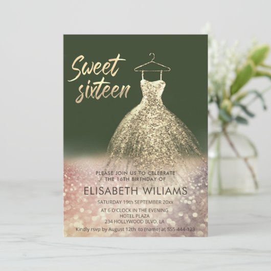 Bezaubernde goldene Kleidung glänzend ombre rot i Einladung (Stehend Vorderseite)