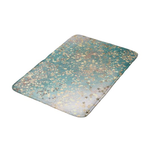 Bezaubernde goldene Sterne auf Aquamariner Glitter Badematte (Schrägansicht)