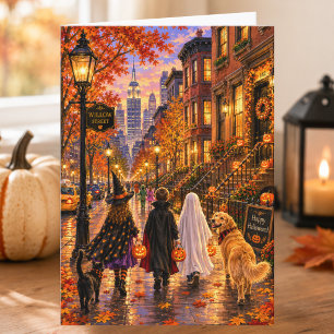Bezaubernde Herbst-Stadt-Szene Frohe Halloween-Kar Karte