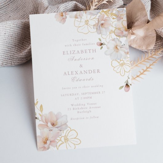 Bezaubernde Hochzeit der Wildblume Blush & Gold Einladung