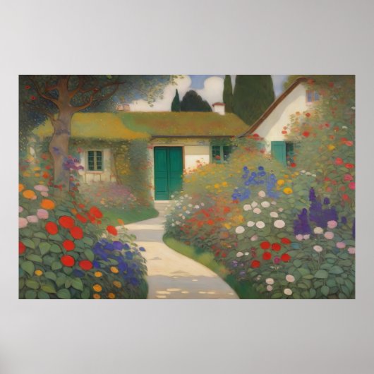 Bezaubernde Landschaftsmalerei mit Vintager Hütte Poster (Vorne)