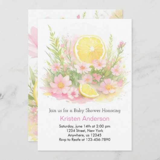 Bezaubernde Lemon Garden Pink Girl Babydusche Einladung (Vorne/Hinten)