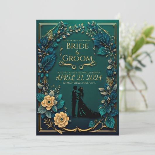 Bezaubernde Liebe: Smaragdgrün und Gold Einladung (Stehend Vorderseite)