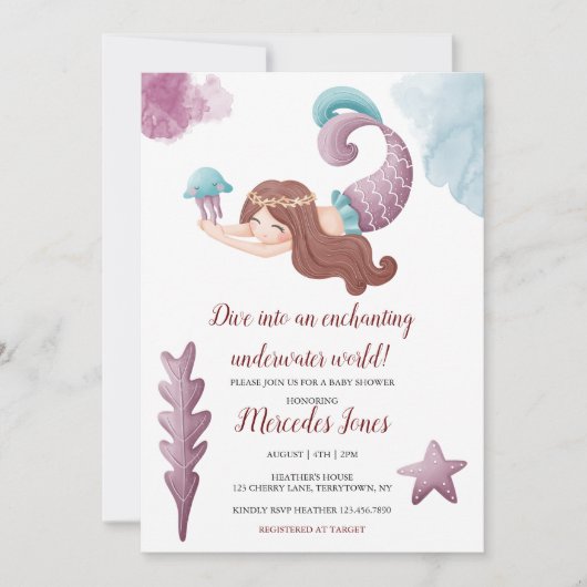 Bezaubernde Mermaids und Quallyfish Baby Shower In Einladung (Vorderseite)