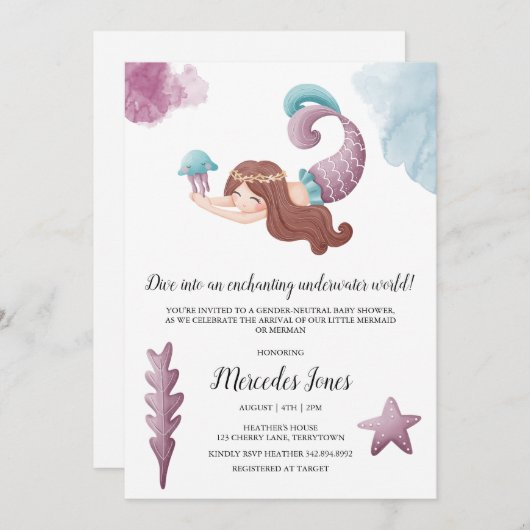 Bezaubernde Mermaids und Quallyfish Babydusche Einladung (Vorne/Hinten)