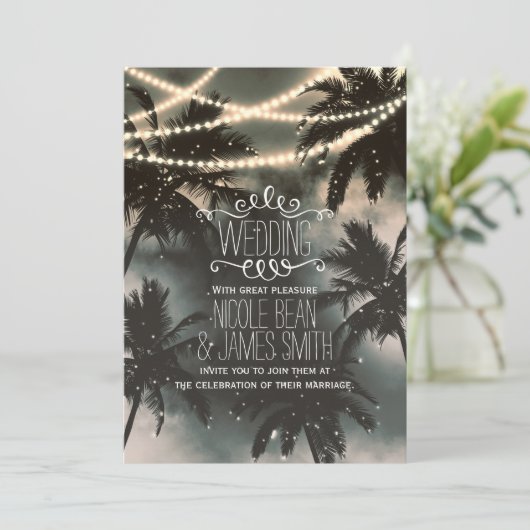 Bezaubernde nächtliche Sky Palm Trees & String Lig Einladung (Stehend Vorderseite)