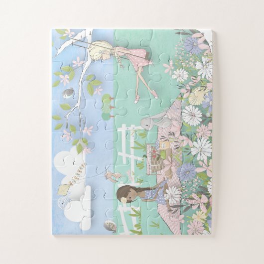 Bezaubernde Picnic Scene Girls/Bunny/Vögel Puzzle (Vertikal)
