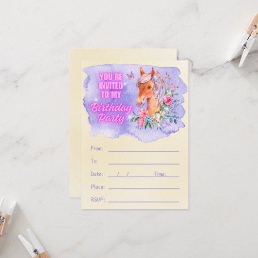 Bezaubernde Pony und Wildblumen zum Geburtstag Einladung (Vorderseite/Rückseite Beispiel)