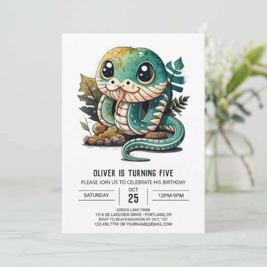 Bezaubernde Reptilschlange zum Geburtstag Einladung (Stehend Vorderseite)