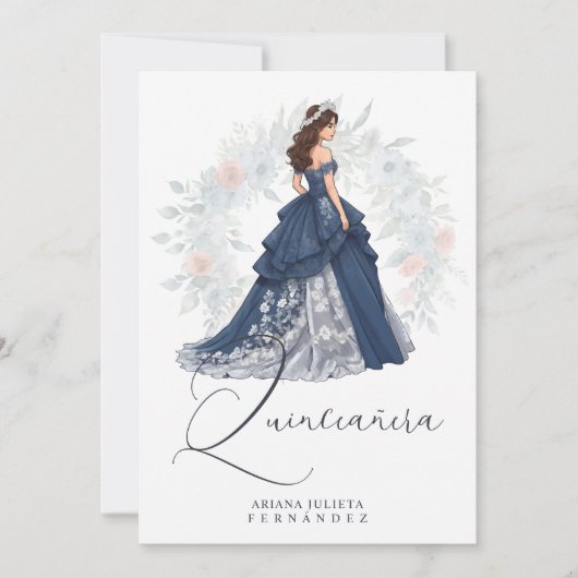 Bezaubernde romantische spanische Quinceñera Blue  Einladung (Vorderseite)