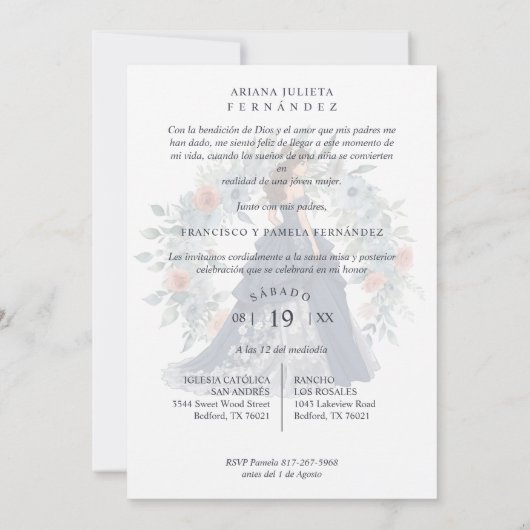 Bezaubernde romantische spanische Quinceñera Blue  Einladung (Rückseite)