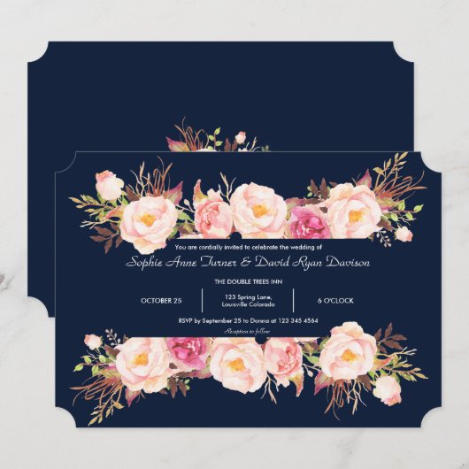 Bezaubernde rosa Blumenrahmen Navy Blue Wedding Einladung (Vorne/Hinten)