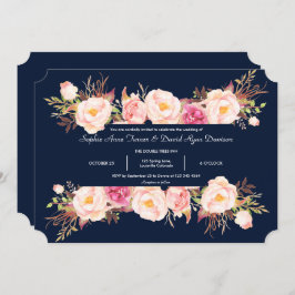 Bezaubernde rosa Blumenrahmen Navy Blue Wedding Einladung