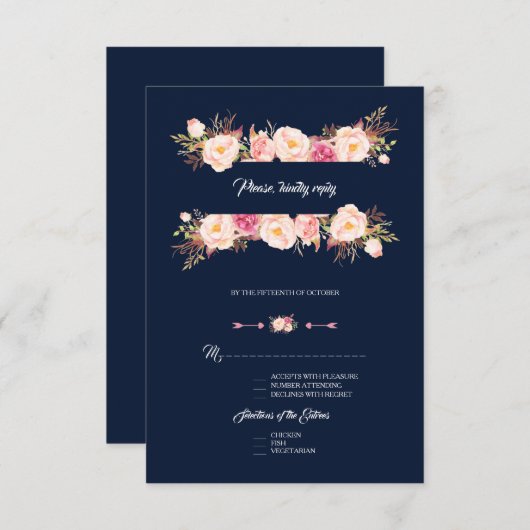 Bezaubernde rosa Blumenrahmen Navy Blue Wedding RSVP Karte (Vorne/Hinten)