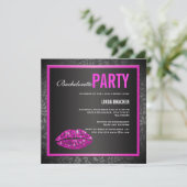 Bezaubernde rosa Lippenschwarze Bachelorette Einladung (Stehend Vorderseite)