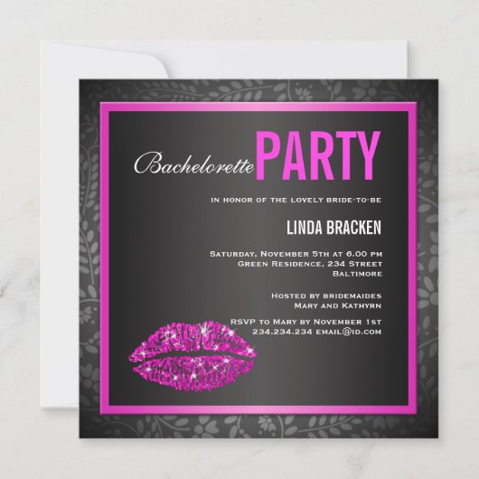 Bezaubernde rosa Lippenschwarze Bachelorette Einladung (Vorderseite)