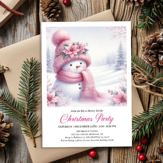 Bezaubernde rosa Schneemann-Weihnachtseinladung zu Einladung