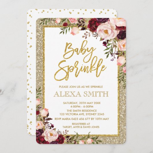 Bezaubernde Rosen-Baby-mit Blumendusche Burgunders Einladung (Vorne/Hinten)