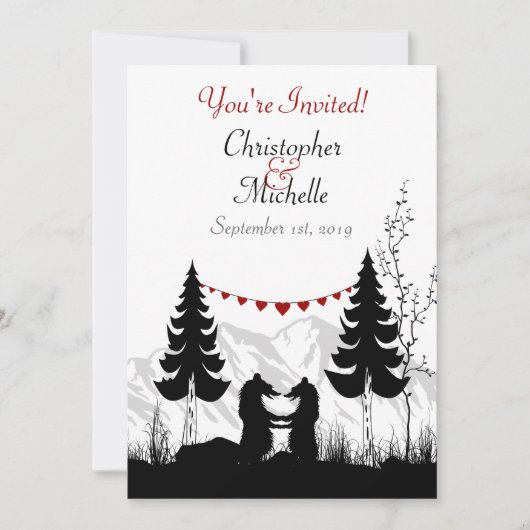 Bezaubernde Silhouette Mountain Bear Couple Weddin Einladung (Vorderseite)