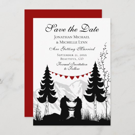 Bezaubernde Silhouette Mountain Bear Couple Weddin Save The Date (Vorne/Hinten)