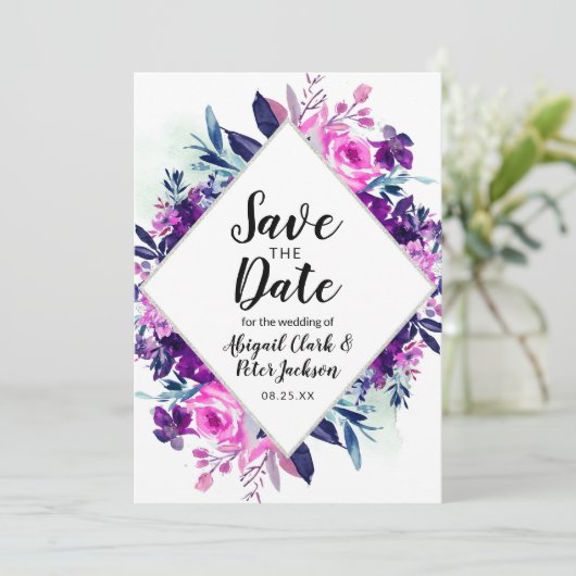 Bezaubernde Violett Wasserfarbe Diamant Chic Save The Date (Stehend Vorderseite)