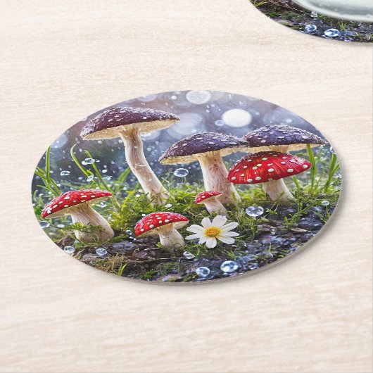 Bezaubernde Wald-Pilze in Regen Runder Pappuntersetzer (Angewinkelt)
