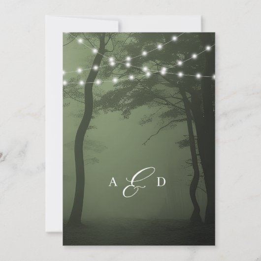 Bezaubernde Waldbaumlichter dunkelgrüne Hochzeit Einladung (Rückseite)