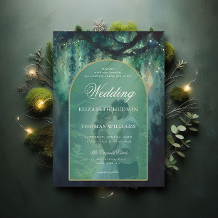 Bezaubernde Waldgrün Boho Arch Foto Hochzeit Einladung