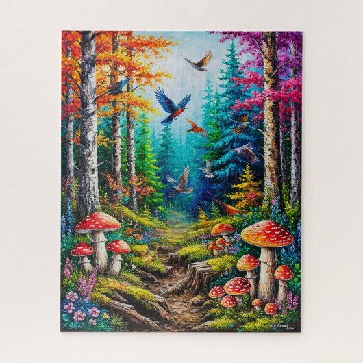 Bezaubernde Waldlandschaft mit farbenfrohen Vögeln Puzzle (Vertikal)