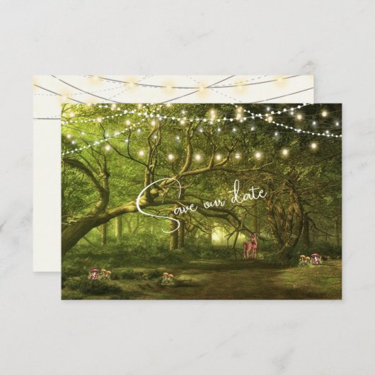 Bezaubernde Waldlichter, die Pilze säumen Fawn Save The Date (Vorne/Hinten)