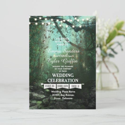 Bezaubernde Waldlichter Rustikale Hochzeitseinladu Einladung (Stehend Vorderseite)
