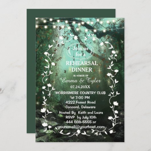 Bezaubernde Waldlichter Rustikale Probe Abendessen Einladung (Vorne/Hinten)