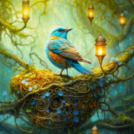 Bezaubernde Waldszene mit Vogel und Laternen Puzzle