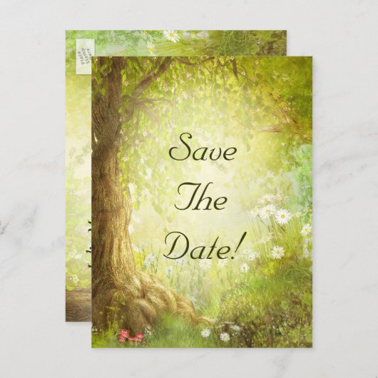 Bezaubernde Waldszene Save the Date Hochzeit Ankündigungspostkarte (Vorne/Hinten)
