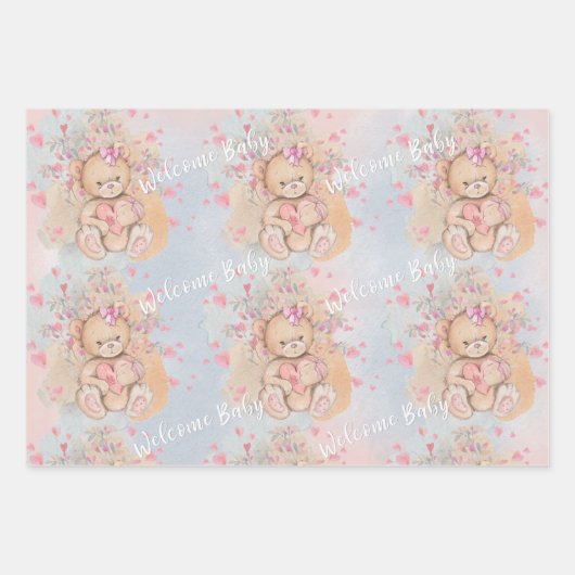 Bezaubernde Wasserfarbe Rosa Teddybären und Blume Geschenkpapier Set (Vorderseite 3)