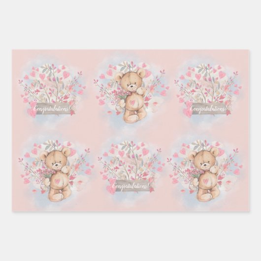Bezaubernde Wasserfarbe Rosa Teddybären und Blume Geschenkpapier Set (Vorderseite 2)
