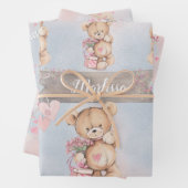 Bezaubernde Wasserfarbe Rosa Teddybären und Blume Geschenkpapier Set (Beispiel)