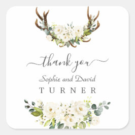 Bezaubernde Wasserfarben Weiße Blume Antler Hochze Quadratischer Aufkleber